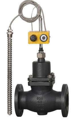 VANNE RÉGULATRICE DE TEMPÉRATURE AUTONOME EN ACIER CARBONE, MODÈLE 30T01Y, PN25, CORPS : ASTM A216 GR. WCB, À BRIDES RF, 60–120 °C, FERMETURE AUTOMATIQUE À LA TEMPÉRATURE DE CONSIGNE